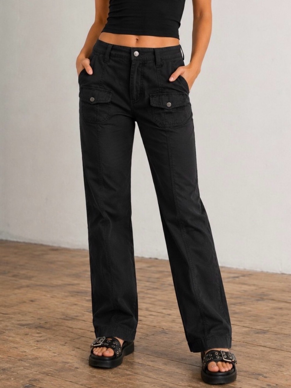 Flamingals Black Straight-Leg Utility Pants - Women's